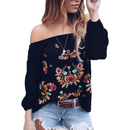Vintage Sexy Backless Strapless Off Shoulder Floral Print Embroider Blouse Black Backless Slash Neck Women Blouses Shirts S-2XL