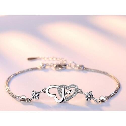 925 Sterling Silver Double Layer Box Chain Crystal Heart Charm Bracelet &Bangle For Women Elegant Wedding Jewelry
