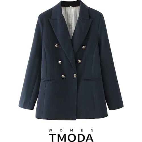 TMODA417 Za 2021 Women Fashion Office Wear Double Breasted Blazers Coat Vintage Long Sleeve Pockets Female Outerwear Chic Tops