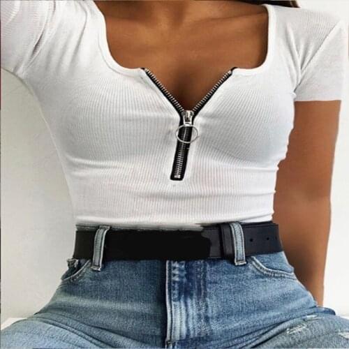 Womens Top Summer Solid Color T-Shirt Zipper Short Sleeve Slim T Shirts Womens Clothing 2021 Casual Y2K Ropa Mujer Kawaii Tops