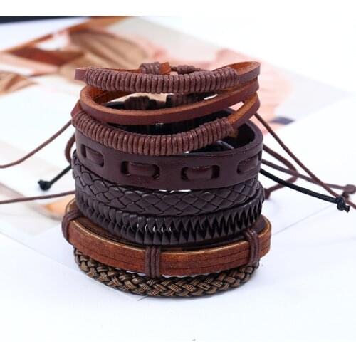6 Pcs/set Vintage Rope Weave Wrap Bracelet Multi-layer Leather Men Bracelets for Women Bangles Homme Femme Male Wristbands