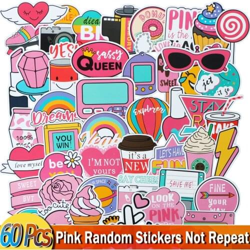 60 PCS Mixed Pink Cartoon Sticker For Laptop Car Luggage Skateboard Suitcase Fridge JDM Waterproof PVC Stickers DIY Funny Toy