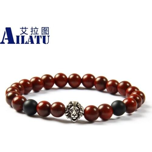 Ailatu On Sale 8mm Natural Rosewood Beads with Antique Silver Color Cz Animal Head Bracelet Animal Shape