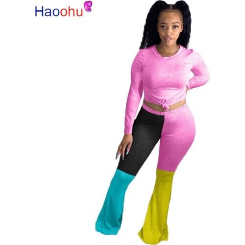 HAOOHU Casual Women Two Piece Set Long Sleeve Tee Tops Patchwork Wide Leg Flare Bell-bottoms Sweatpants Suit Tracksuit Outfits