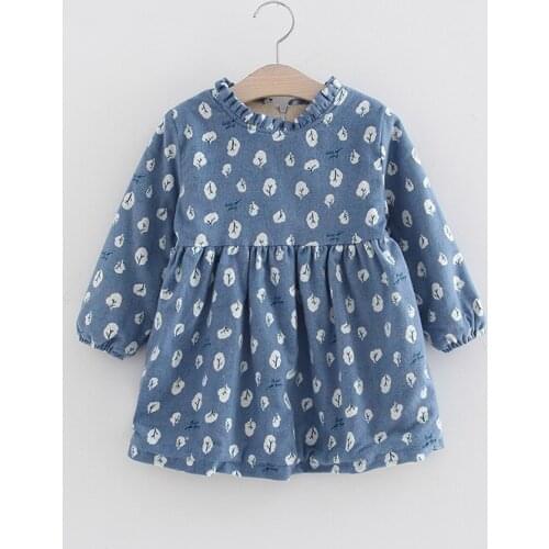 JALAIRO New Winter Kids Lovely Thermal Full-sleeved Blue Printed Woven Fleece Cotton Girls Casual Thicken Dresses