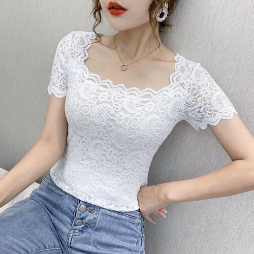 Summer Fashion Short Sleeve Casual T-Shirt Square Collar Solid Wild Elegant Female Blusas Femininas Lace Tops Women 2021 Y665