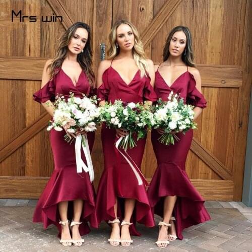 Mrs win Bridesmaid Dresses Burgundy Off Shoulder Sling Wedding Party Dresses HR258 Deep V Neck Mermaid Long Vestido Madrinha