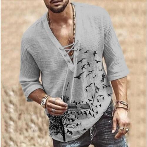 Summer Autumn 2021 Fashion Halloween Costume Men T Shirt V Neck Lace Up Vintage TShirt Half Sleeve Cotton Blouse Top Male
