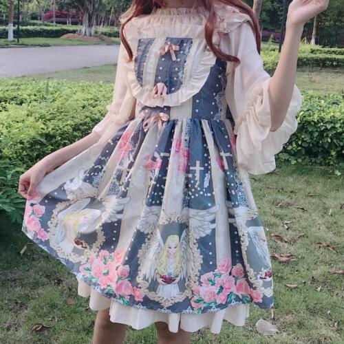 Kawaii Angel Tea Party Lolita Dress JSK Japanese Sweet Cute Girl Vintage Print Soft Girl Spaghetti Strap Dresses Summer Vestidos
