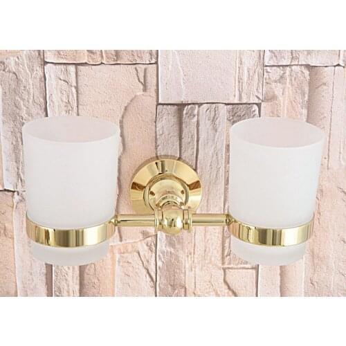 Wall Mounted Luxury Gold Color Brass Bathroom Toothbrush Holder Set Bathroom Accessory Dual frosted Glass Cup mba317
