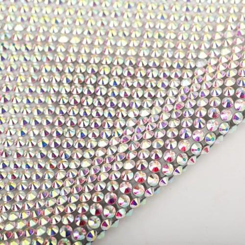 New Arrival 24x40cm Hotfix Ribbon Flatback Glass Crystal AB Diamond Mesh Sheet Glass Rhinestone Crystal AB Trim Iron on Garment