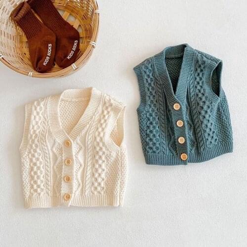 Baby Boys Girls V-neck Pure Color Knit Waistcoat Coat Children Clothing Autumn Baby Boys Girls Sleeveless Loose Vest Kids Coat
