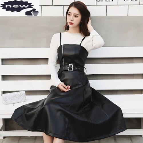 Autumn Winter Korean Slim Fit Womens PU Leather High Waist Sleeveless Spaghetti Strap Moto Biker Medium Length Dresses