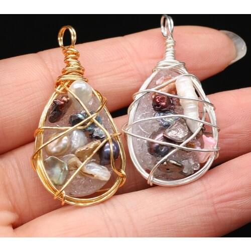 1PC Natural Pearls Charms Drop Shape Copper Wire Winding Freshwater Pearl Quartz Pendant for DIY Earring Necklace Jewelry Making