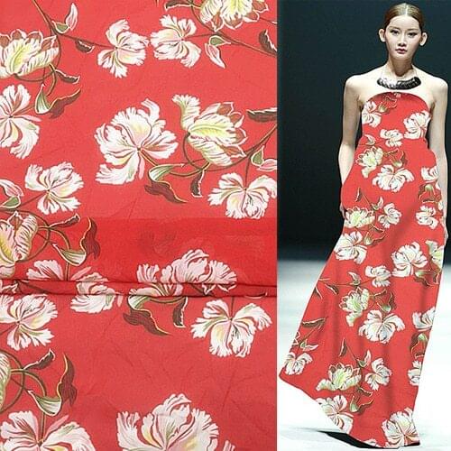 Silk georgette gauze fabric transparent for summer floral print on red,SCG336