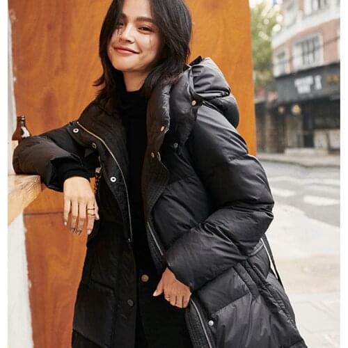 Puffer winter down jacket warm hood Adjustable belt side slit zipper plus size 4XL black white womens fashion coat