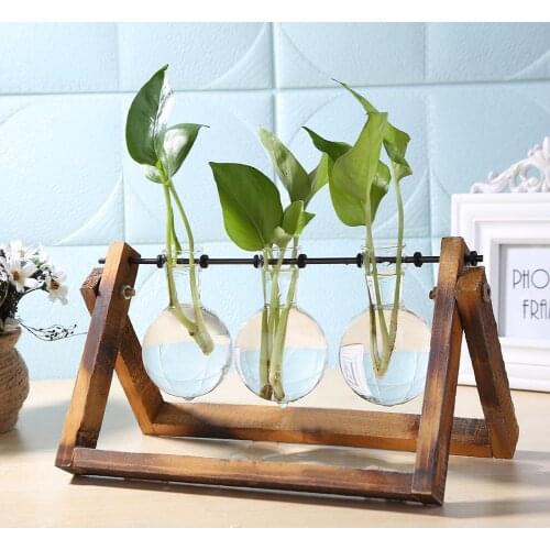 Glass and Wood Vase Planter Terrarium Table Desktop Hydroponics Plant Bonsai Flower Pot Hanging Pots Wooden Tray Home Decoration