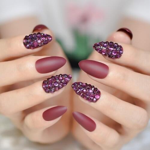 Mulberry Sharp Stiletto False Nails with Full Rhinestone Nail Decoration Noble Handmade 3D Pre-designed Nail Art Tools Z970