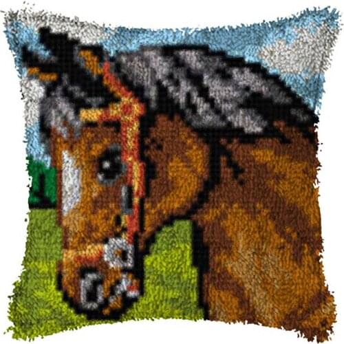 Latch Hook Animal Horse Cushion Pillow Case Color Canvas Acrylic Yarn Latched Hook Pillow Kits Crochet Cushion Cover