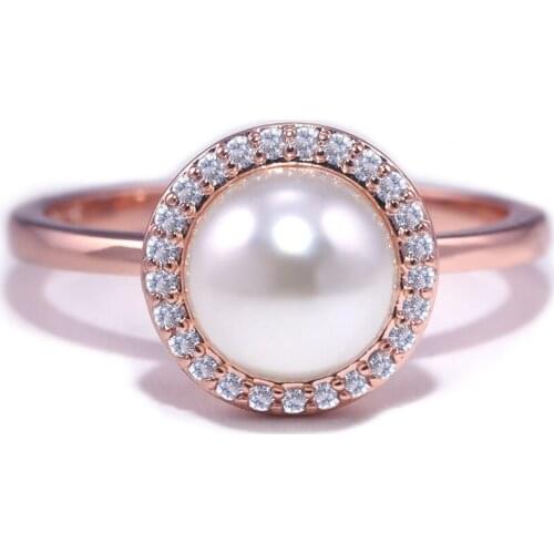 Womens Fashion Rose Gold Color Pearl Rings for Cocktail Party Lady Crystal Zircon Rings Wedding Engagement Ring Bridal Jewelry