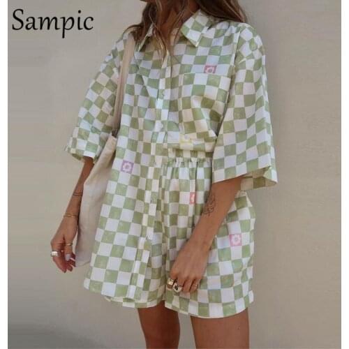 2021 Casual Women Lounge Wear Summer Plaid Tracksuit Shorts Set Short Sleeve Shirt Tops And Mini Shorts Suit Two Piece Set