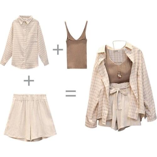 2019 Spring Summer Casual Cotton And Linen Sets Womens Plaid Long Sleeves Shirts + Vest + Shorts 3 Pieces Sets Chic Sets J106