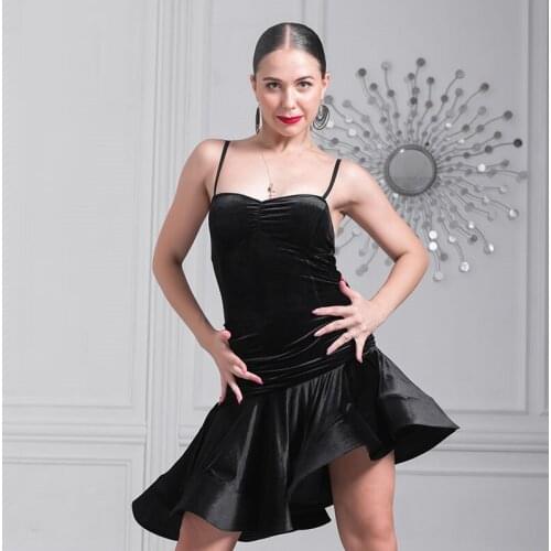 Black velvet latin dance costumes for women salsa dress latina dress for dance competition tango dress fringe dance wear samba
