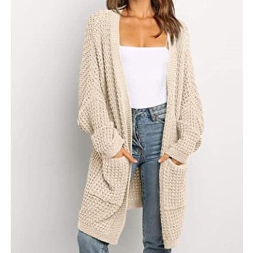 Womens Long Batwing Sleeve Open Front Chunky Knit Cardigan Sweater with Pockets Knitwear Large Size Knitted Female Coat