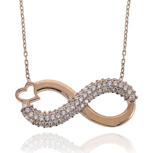 White Zircon Stone Rose 925 K Silver Heart Infinity Ladies Necklace