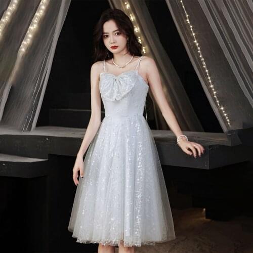 Sequins Bow Strapless Evening Dress Backless Spaghetti Strap A-Line Sleeveless Pleat Tea-Length Woman Formal Party Gowns A1444