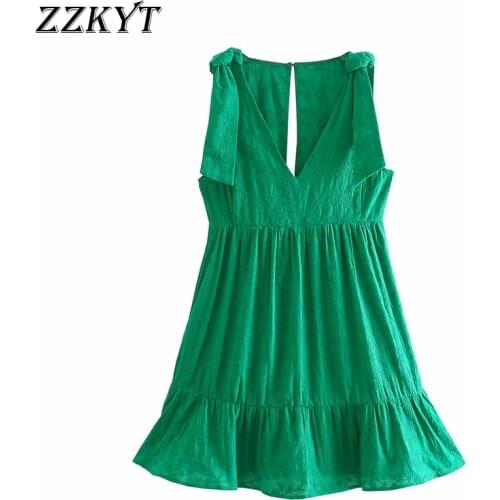 ZZKYT 2021 Women Summer Fashion Solid Embroidery Ruffles Mini Dress Vintage Sleeveless Bow Tied Strap Female Party Dresses Mujer