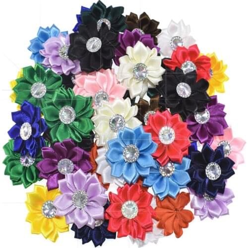 12 Satin ribbon flowers appliques AB rhinestone handmade ribbon for clothes craft sewing wedding hair packing 4.5cm