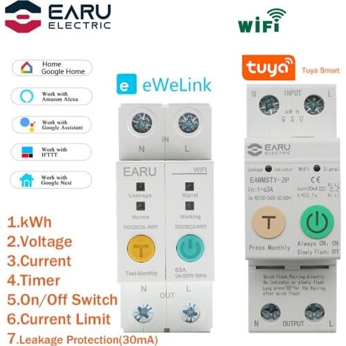 2P WIFI Circuit Breaker Energy Power kWh Meter Time Timer Switch Relay Voltmeter Current Leakage Protection RCCB RCBO Limitter