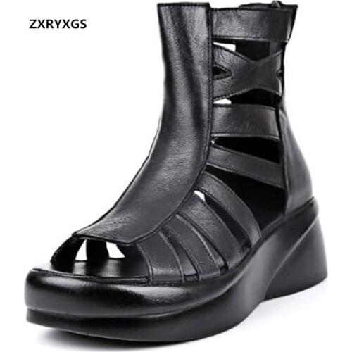 2021 New Summer Fish Mouth Genuine Leather Sandals Thick Bottom Wedge Boots Sandals Heighten Shoes Womans Sandals Roman Shoes