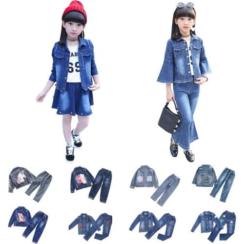 Baby Girl Denim Jacket Jeans Set Solid Color Blue Denim Coat Skirt Flared Trousers Set Unicorn Cat Floral Jean Jacket Pants