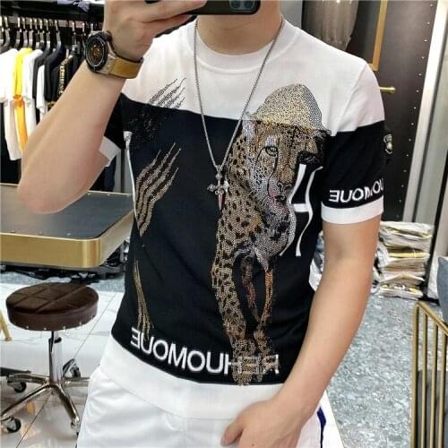 Spring Summer New Luxury Hot Drilling Leopard Printing Short Sleeve Original Animal Tide Brand Mens 100% Pure Cotton T Shirt