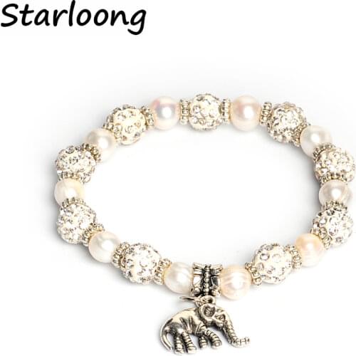 Round Natural freshwater pearls beads bracelet Rhinestone ball beads alloy elephant charm spacers beads strand bracelets Pulsera