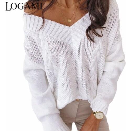 LOGAMI Deep V Neck Twist Autumn Pullover Off Shoulder Sweaters for Women Loose Casual Jumper Pullovers Winter