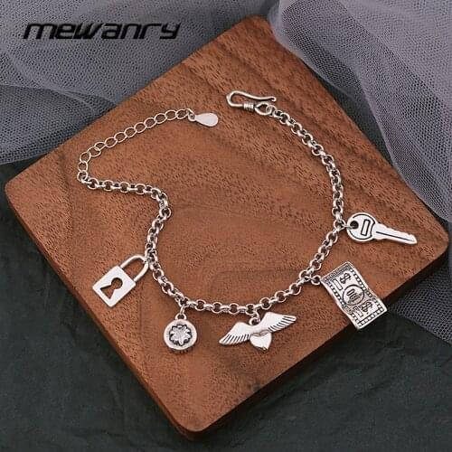 Mewanry 925 Sterling Silver Bracelet Fashion Vintage Love Wings Key Lock Hip Hop Pendant Holiday Party Jewelry Gift for Women