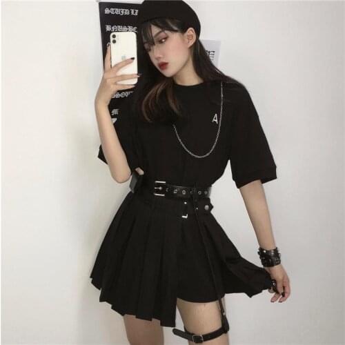 Punk style black mini skirt female summer Korean vintage casual high waist pleated skirt Harajuku A-line skirt Gothic streetwear