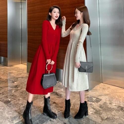 Hot Fashion Maternity Dress Autumn Winter Postnatal Breastfeeding V-Neck Sweater Knit Core Yarn Pregnancy + Breastfeeding Dress