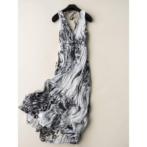 Fashion High Quality 100% Real Silk Dresses for Women2021 Slim Long Dress Beach Dress Female Sexy Dress Kobieta Sukienka Zjt2011