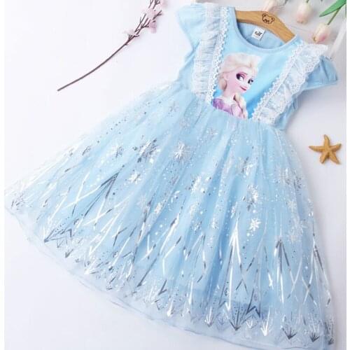Summer New Toddler Girls Lace Dress Kids Cartoon Frozen Elsa Net Yarn Princess Wedding Dress Baby Girl Childrens Clothing