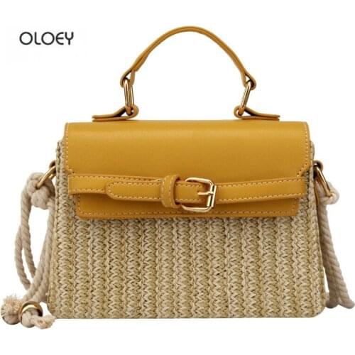 OLOEY Womens shoulder bag messenger bag rattan straw woven bag square small bag handbag