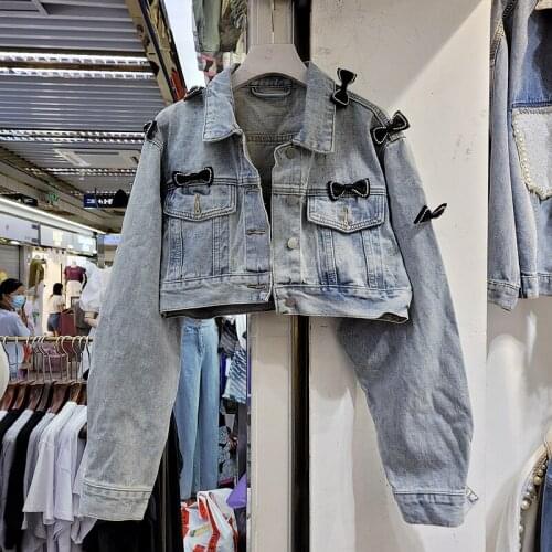 Autumn Vintage Blue Long Sleeve Extra Short Denim Jackets Women Student Outerwear Slim High Waist Bow Jeans Jacket Coat Female