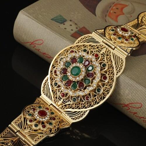 Moroccan Gold Color Round Metal Belt Long Waist Chain Waistband Wedding Resin Jewelry For Women Hollow Flower metal belt