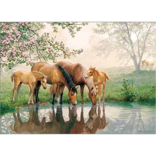 Counted Cross Stitch Kits Needlework Embroidery - Crafts 14 ct Aida DMC Color DIY Arts Handmade Home Decor - Horse Family