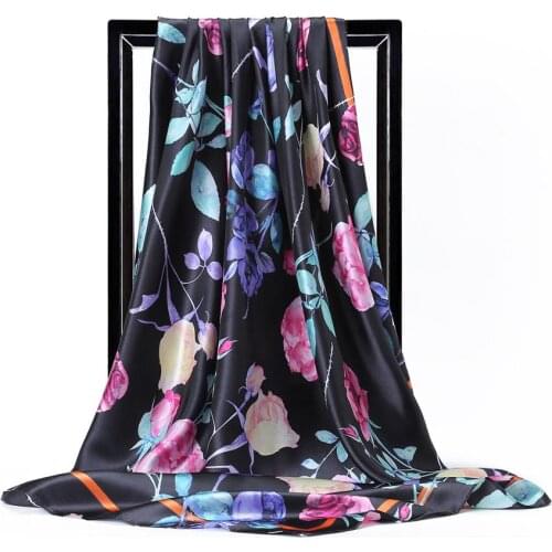 Silk Scarf Women Fashion Satin Foulard Flower Printed Luxury Handkerchief Square Head Hijab Scarves For Ladies Shawls and Wraps