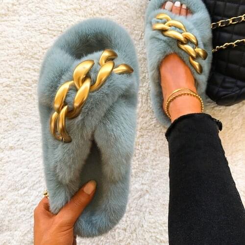 Furry Slides For Women Fluffy Flip Flops Fashion Chain Faux Fur Slippers Casual Shoes Ladies Flat Indoor Slippers Summer Sandals