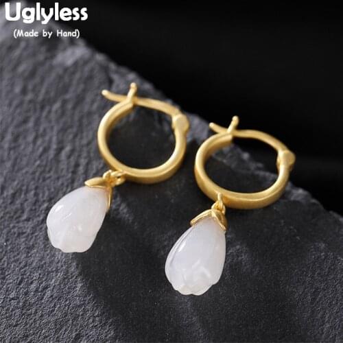 Uglyless Natural Jade Magnolia Earrings for Women Luxury Gold Plated 925 Sterling Silver Dangle Earrings Floral Fine Jewel E1314